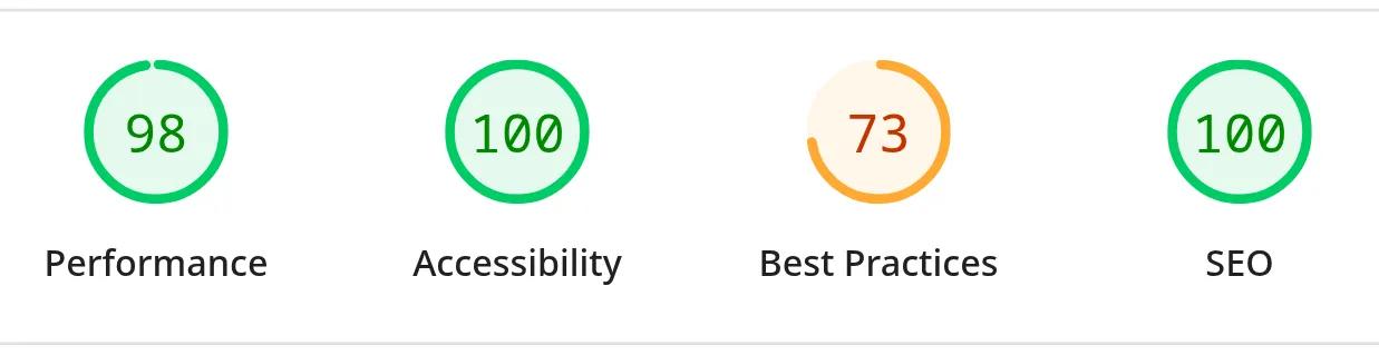 Lighthouse mobile scores for my acting and teaching site: performance 98, accessibility 100, best practices 73, SEO 100.